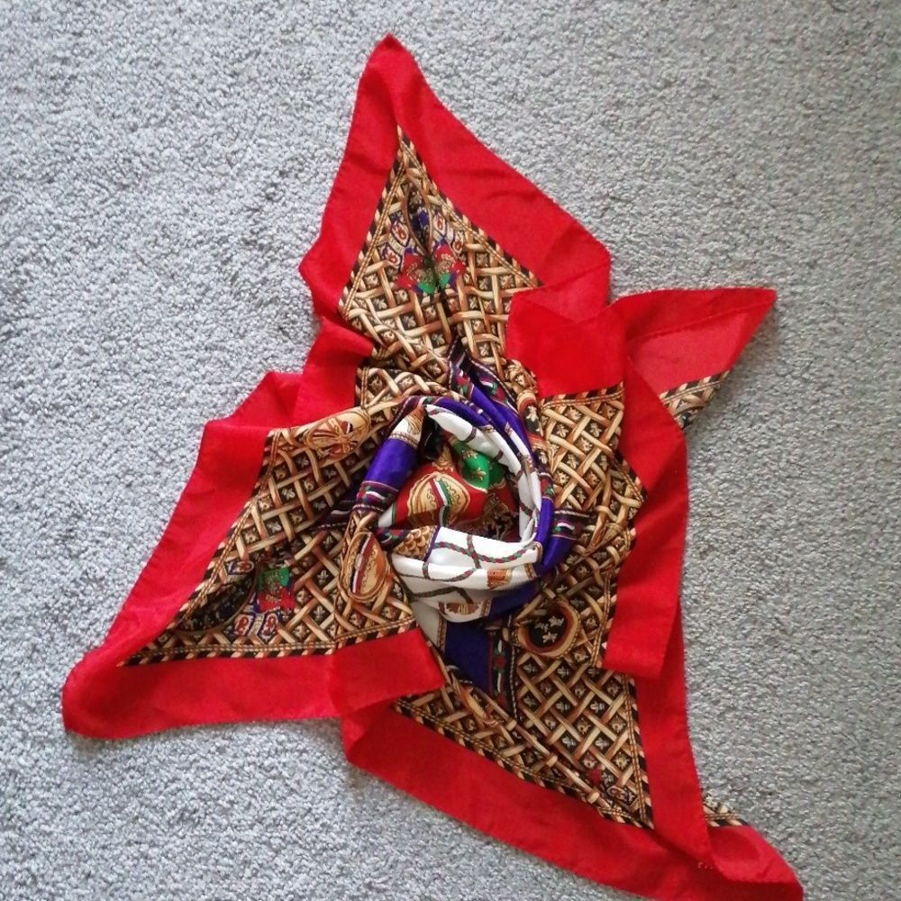 Hermes Multicolor Silk Scarf with Red, Purple, Green and Gold Motif - Picture 8 of 10